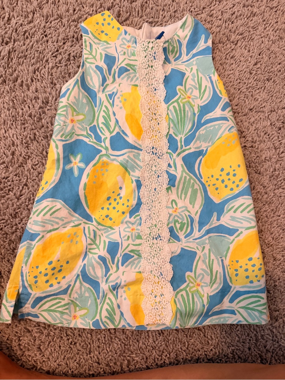 J. Bauler Lemon Print A-Line Dress with Lace Trim